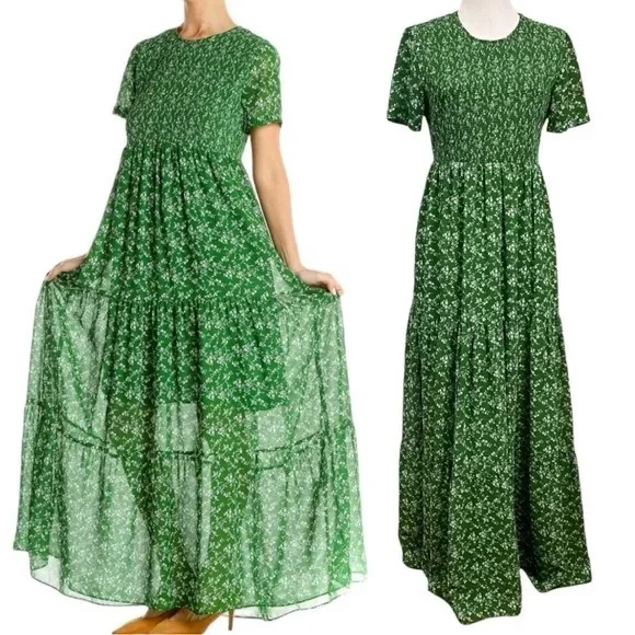 💚Zara💚Size USA M Gorgeous green smocked tiered maxi dress - Picture 1 of 6
